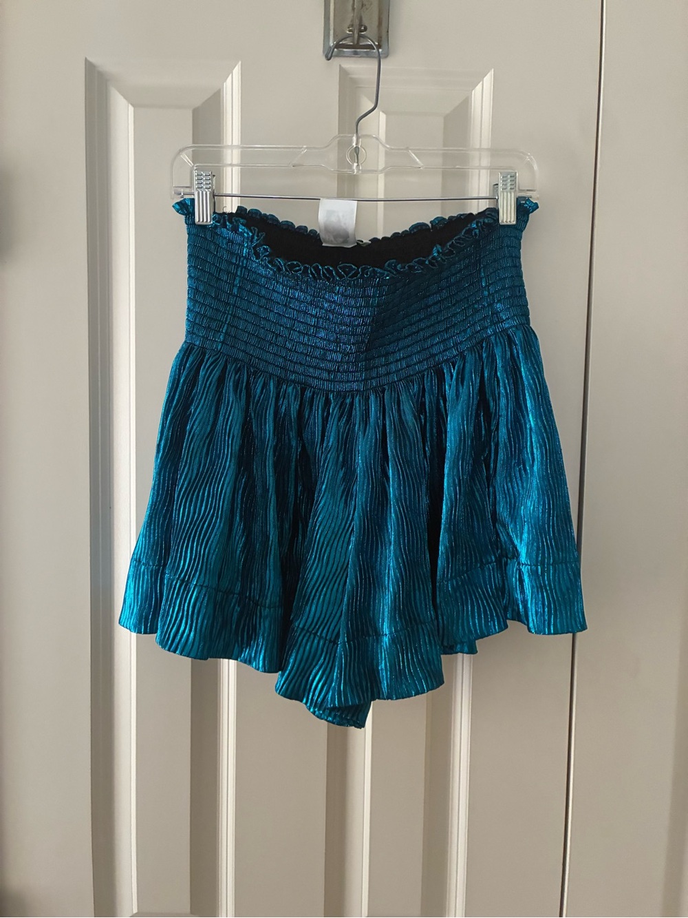 QUEEN OF SPARKLES Teal Crinkled Skater Mini Skirt